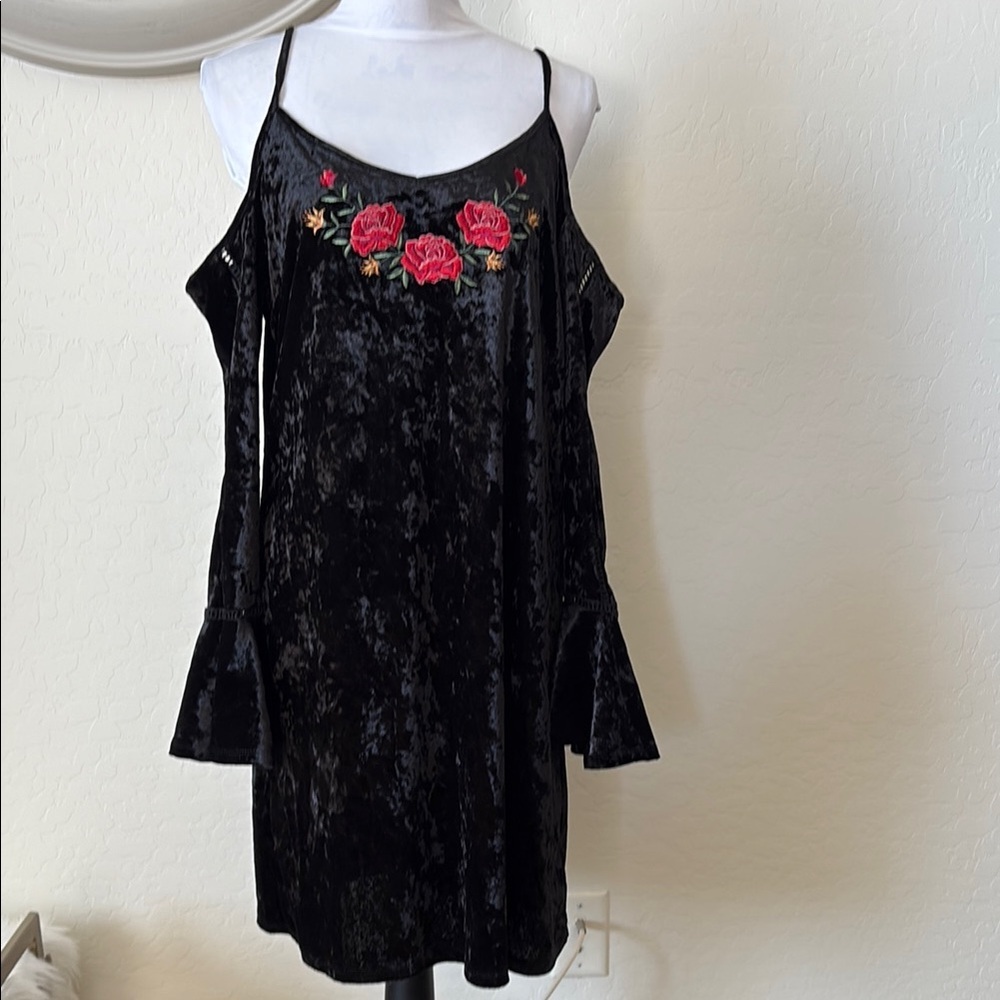 Disney Black Velvet Dress with Floral Embroidery. L